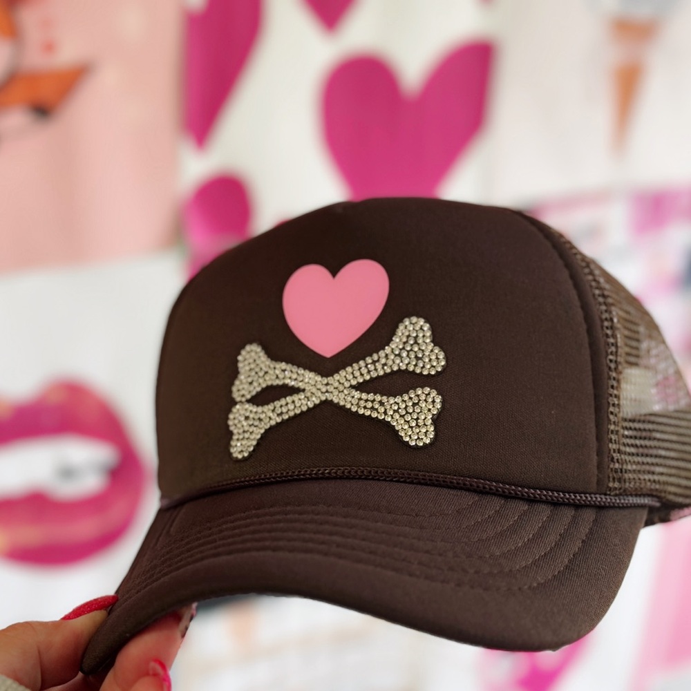 Sweet & Savage Trucker Hat – Brown Hat with Pink Heart & Rhinestone Crossbones
